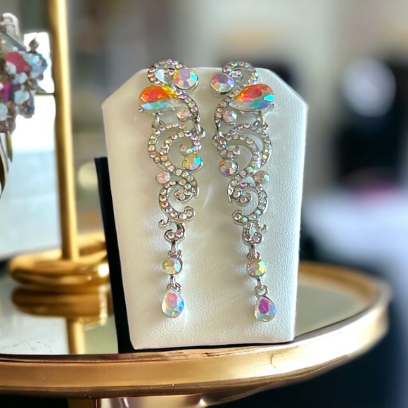 Rhinestone Dangle Earrings Silver AB Crystal Drop Earrings Prom Dress Earrings - Picture 12 of 12